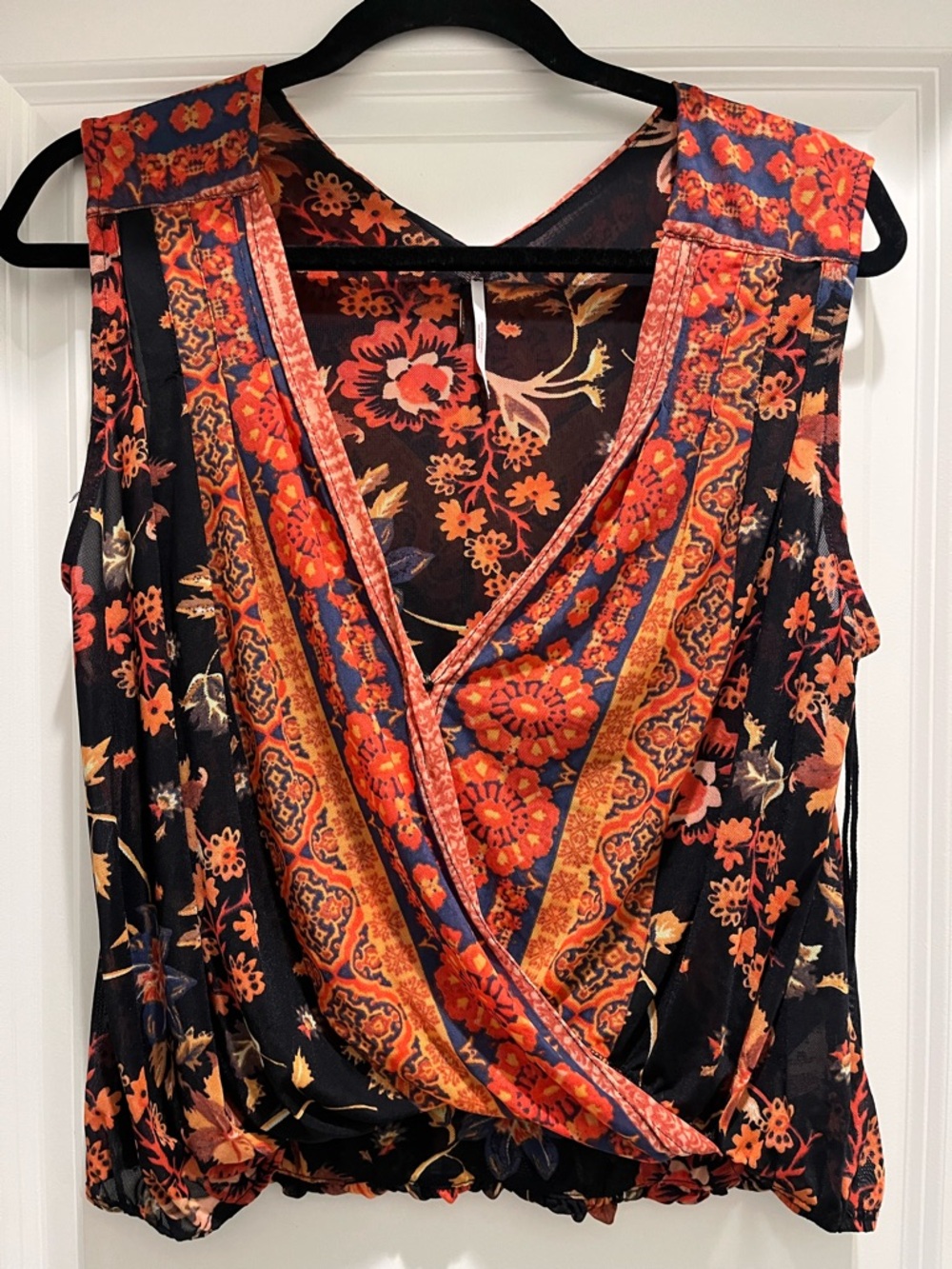 Free People Floral Wrap-Front Sleeveless Top in Black and Orange